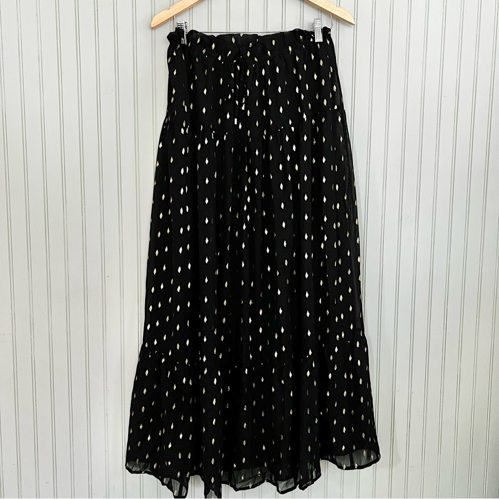INC Georgette Gold Tiered Ruffle Black Maxi Skirt with Gold Accents Drawstring